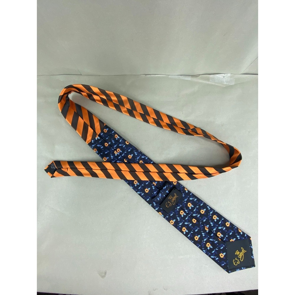 E.J. Samuel Mens Tie Floral Striped Navy Orange Microfiber Formal Long 60x3.5 - Picture 4 of 9